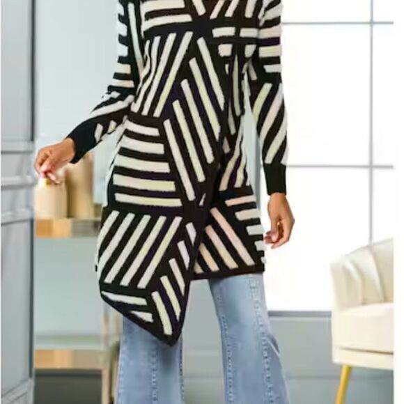 Nori Sweater FlyaWay Wrap Eyelash Yarn Split Turtleneck Abstract black cream 1X - Picture 3 of 12